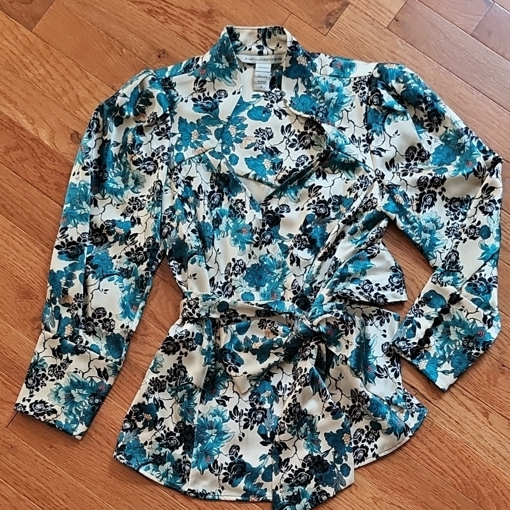 Blue and Black Tie Front Blouse with Notched Collar